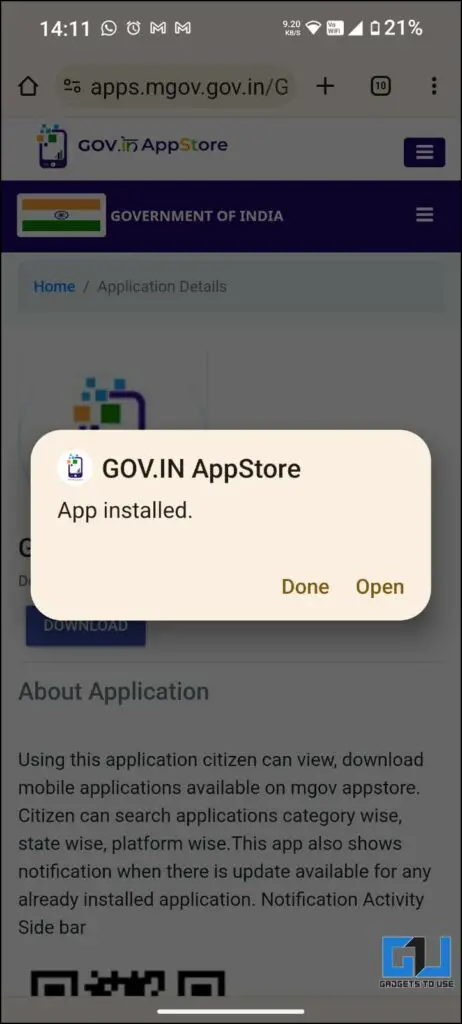 A dialogue box confirming installation successful of the Govt. Appstore.