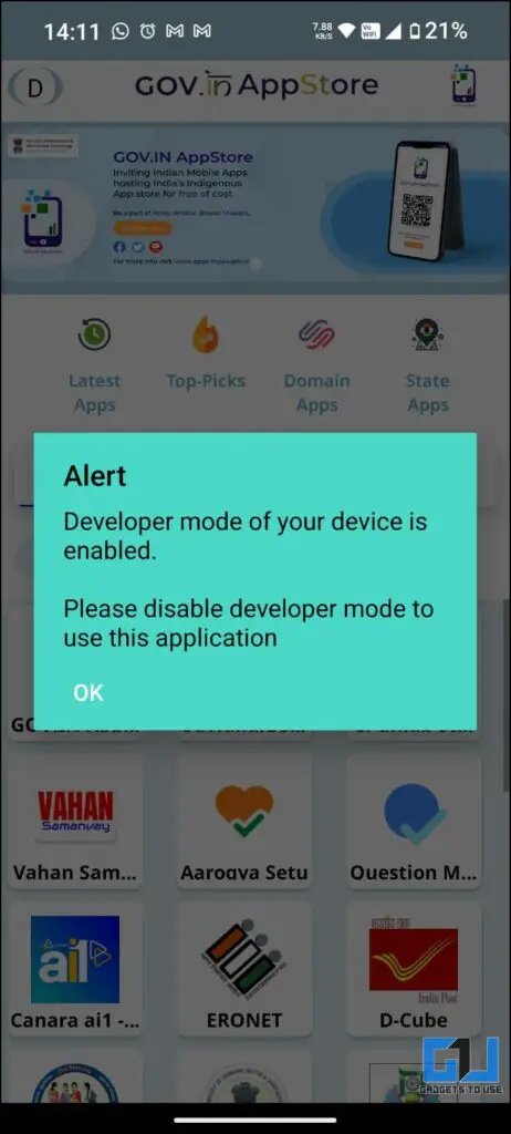 A Govt. Appstore alert window to disable developer preview.