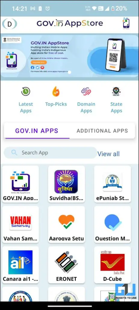 Govt. Appstore home-screen showcasing the latest apps, top picks, state apps etc.