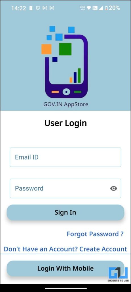 A log-in page of the Govt. Appstore.