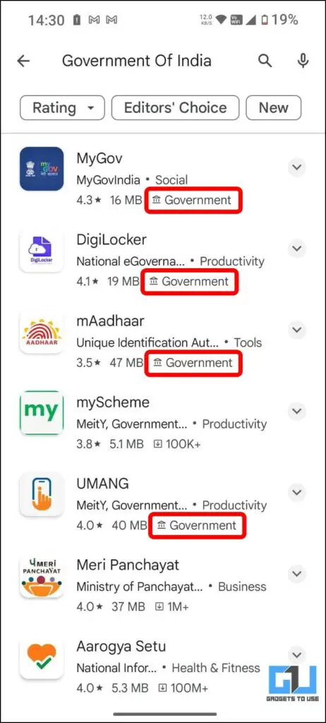 Government labelled in Play Store app list, highlighted in red.