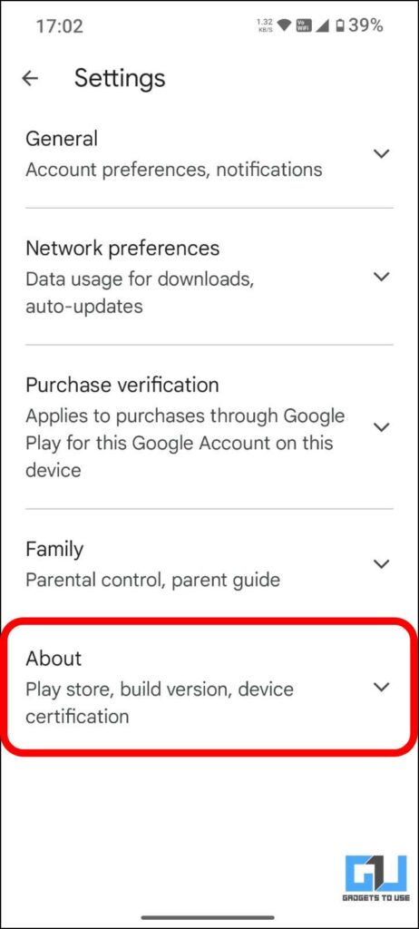 The Play Store settings menu with a drop down About section highlighted in red.