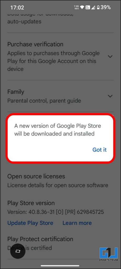 A dialogue box confirming that the newest version of Play Store will be installed.