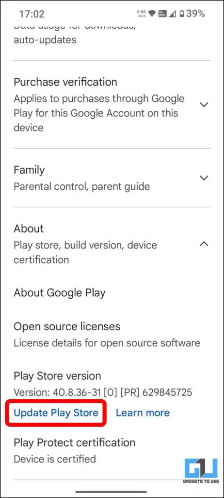 Use the highlighted "Update Play Store" button to get the Govt. verified feature.