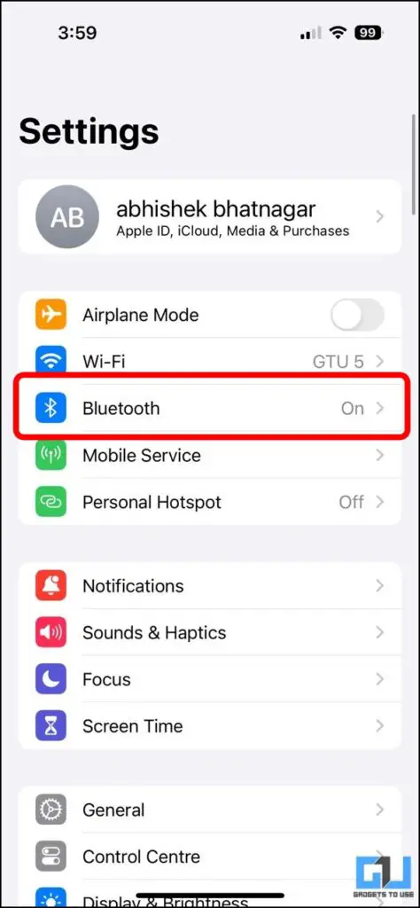 Bluetooth option under the iOS Settings.