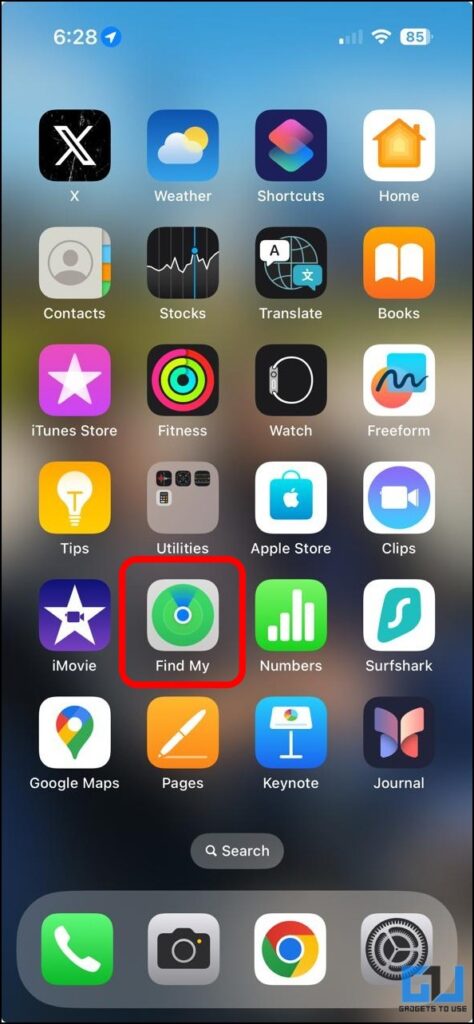 iOS Find My app highlighted.