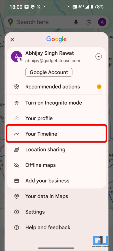 In the menu, "Your Timeline" is highlighted in red.