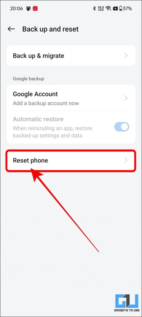 Click Reset in Backup and Reset Settings