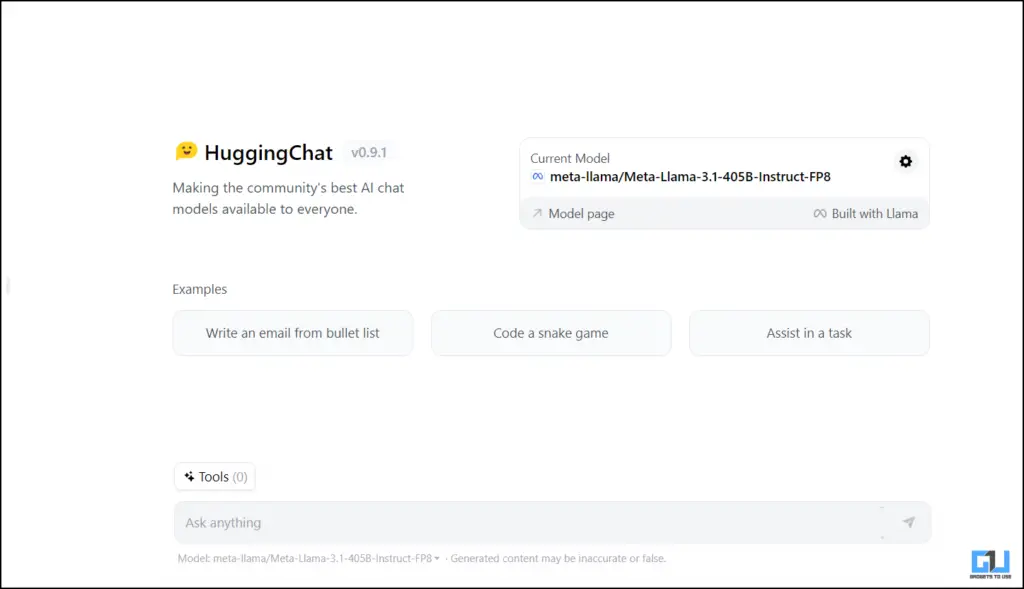 Homepage of Hugging chat