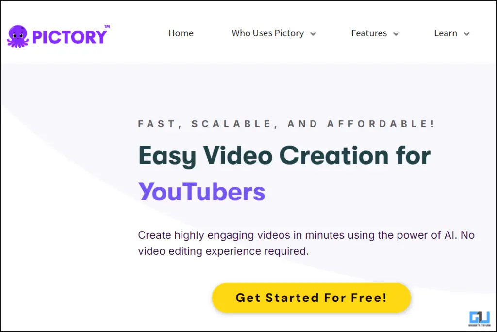 Homepage of Pictory