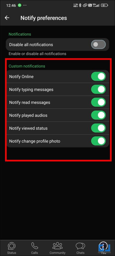 Notify Prefrences options