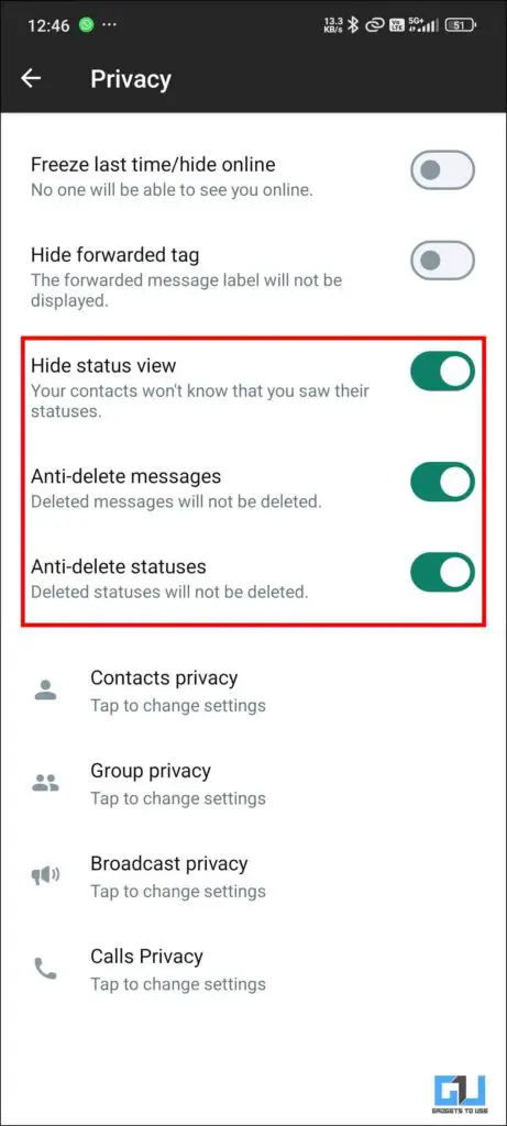 Opções de privacidade MB Whatsapp