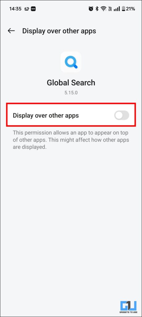 Toggle off of Display option