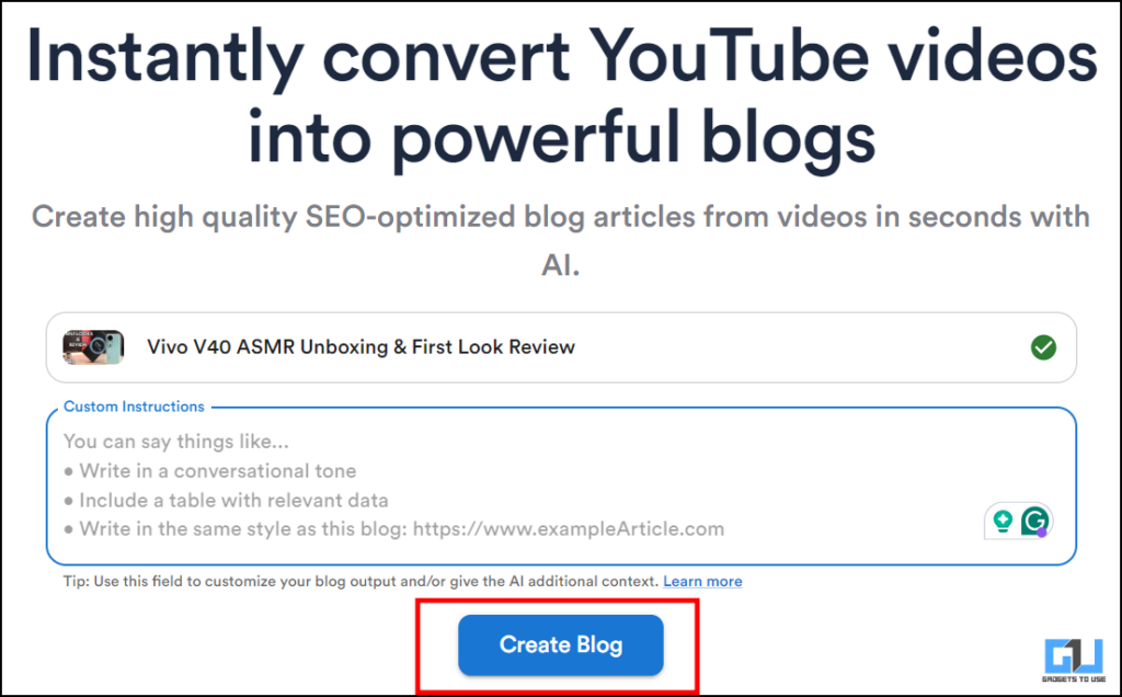 Create Blog option in Video to Blog