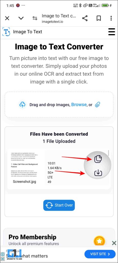 Download and copying options in Imagetotext