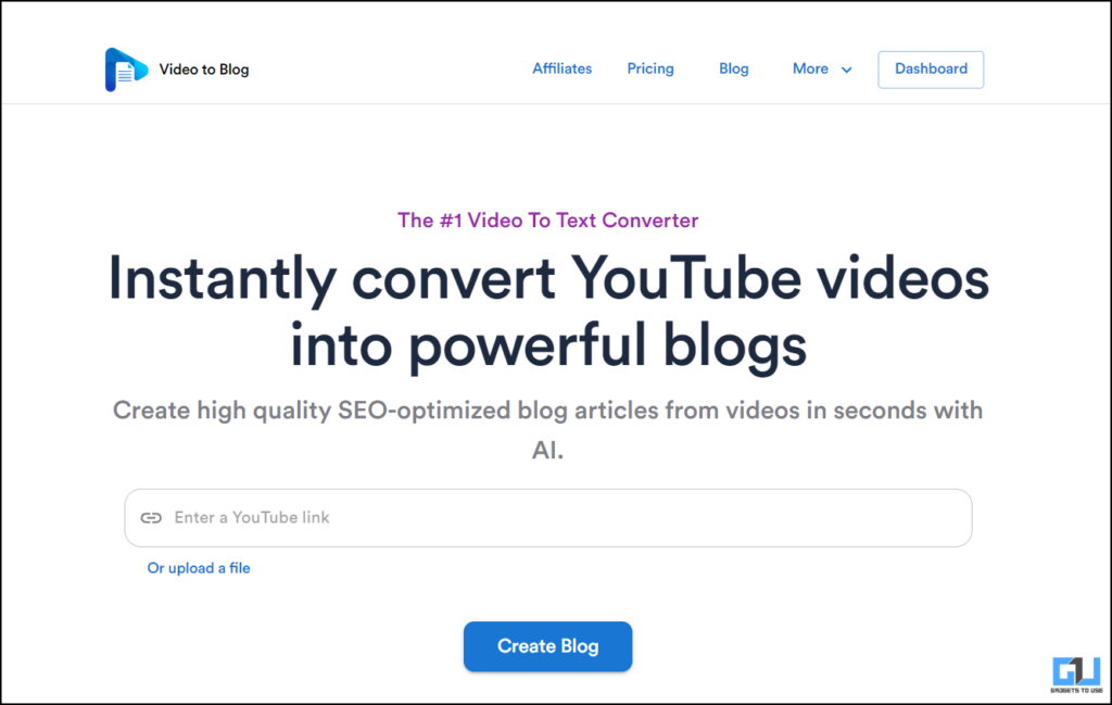 Homepage of video to blog