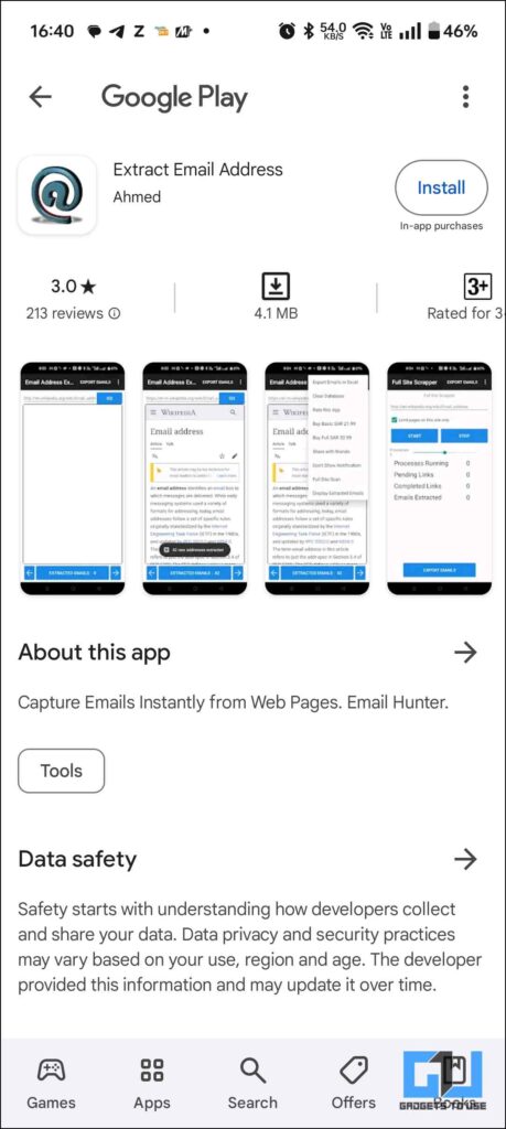 Homepage of App for email extractor