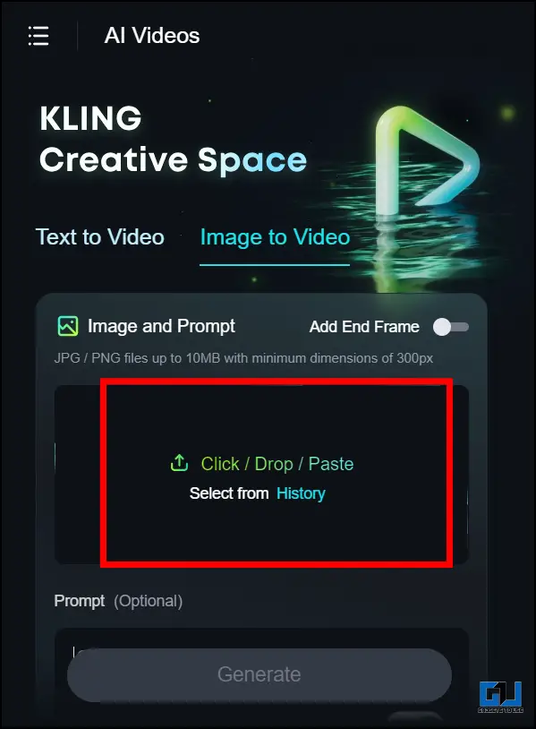 Opção de upload de imagem no Kling AI