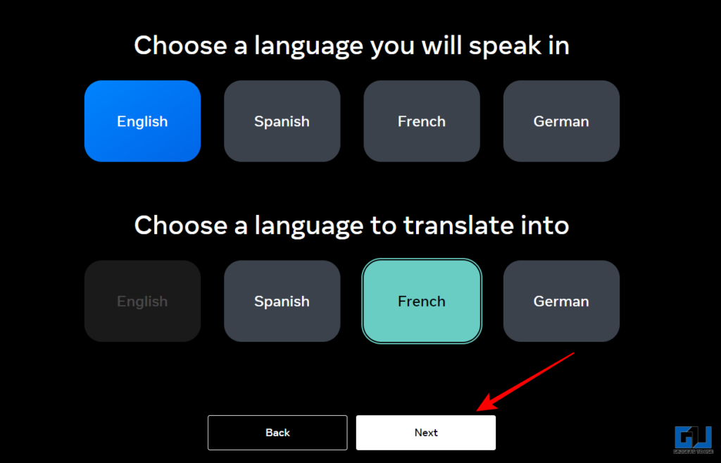 next option after choosing the languages