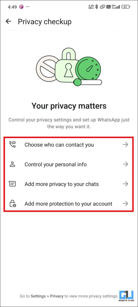 Configurações de verificação de privacidade WhatsApp