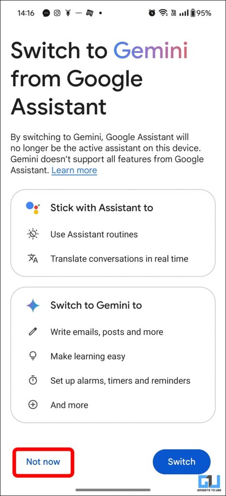 Gemini shuts down if you select "Not Now"