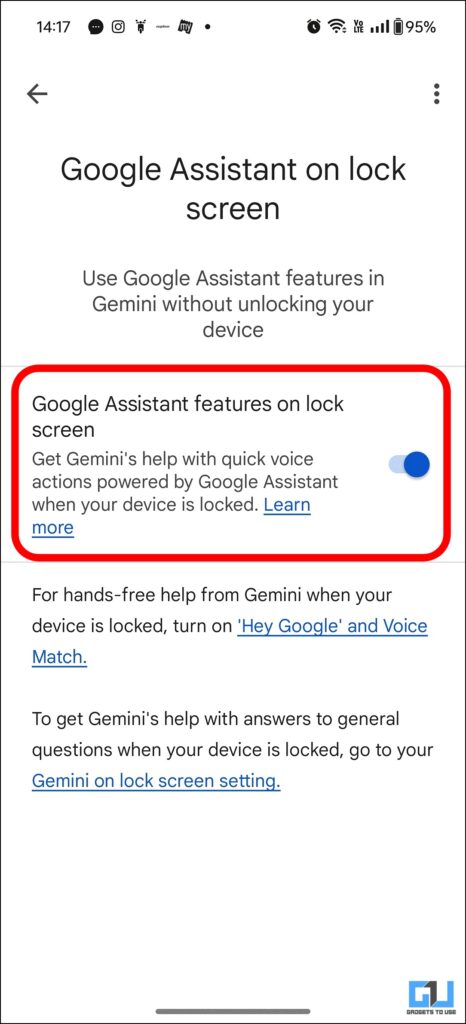 Google Assistant features in lock screen through Gemini