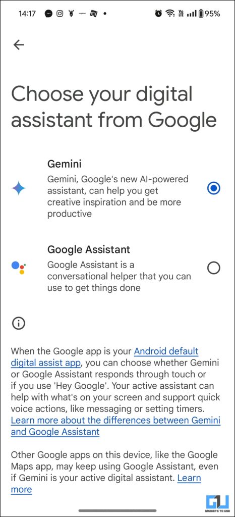 Escolha Gemini ou Google Assistant como seu assistente digital.