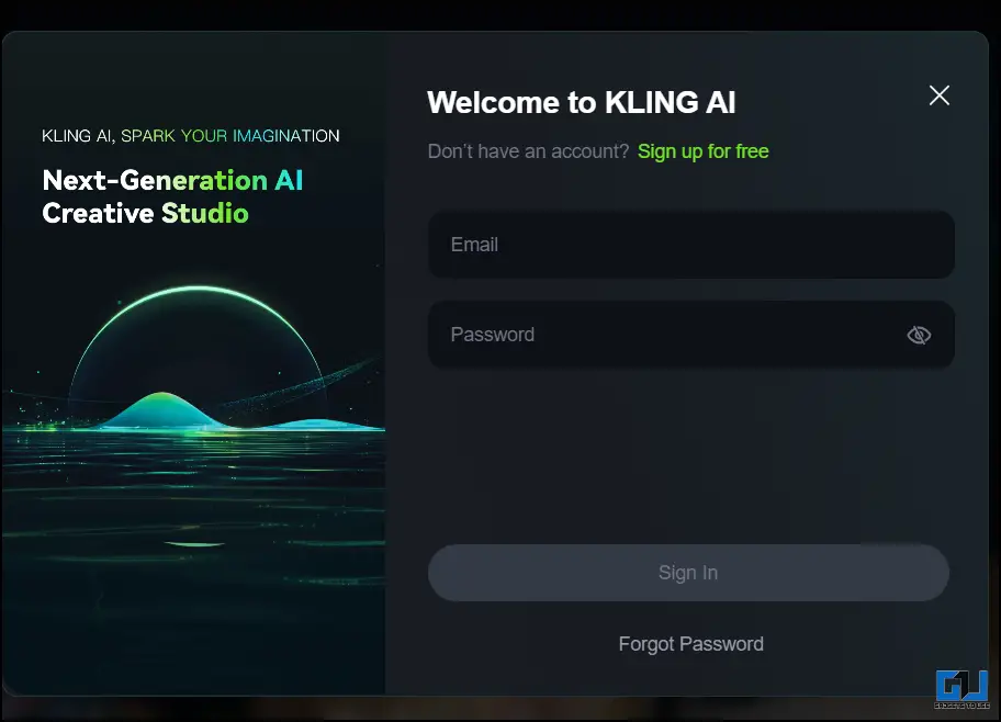 Opção de login no Kling AI