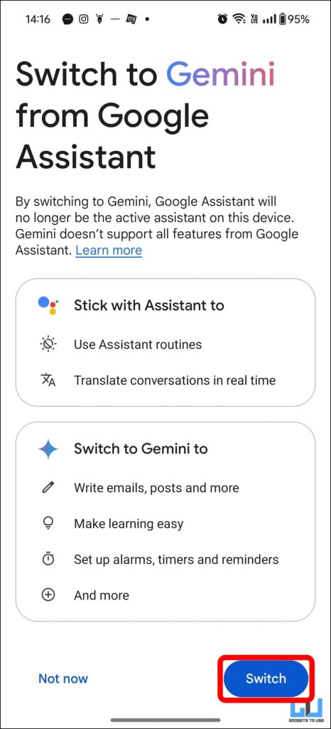 Proceed by selecting Switch in Gemini App