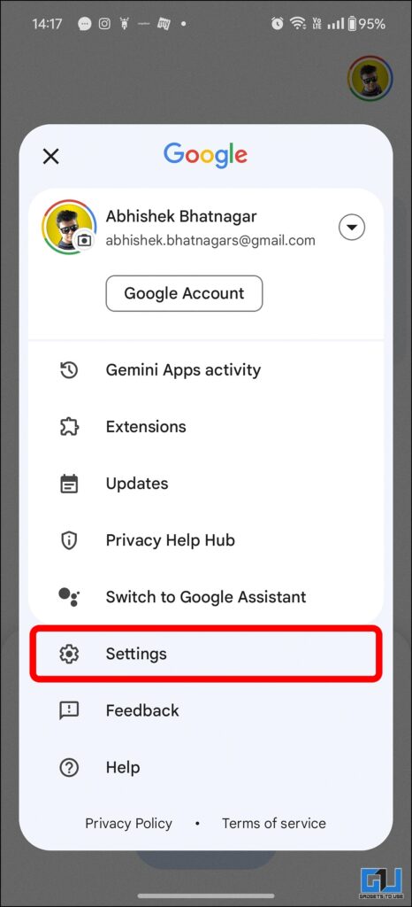 Select profile, tap on settings in Gemini app