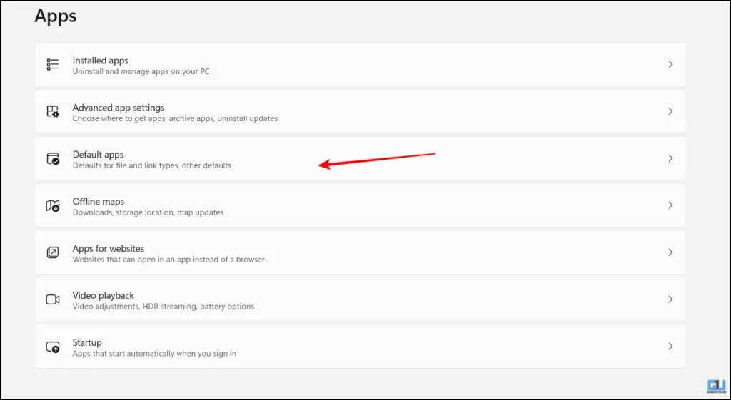 Default Apps option under Apps