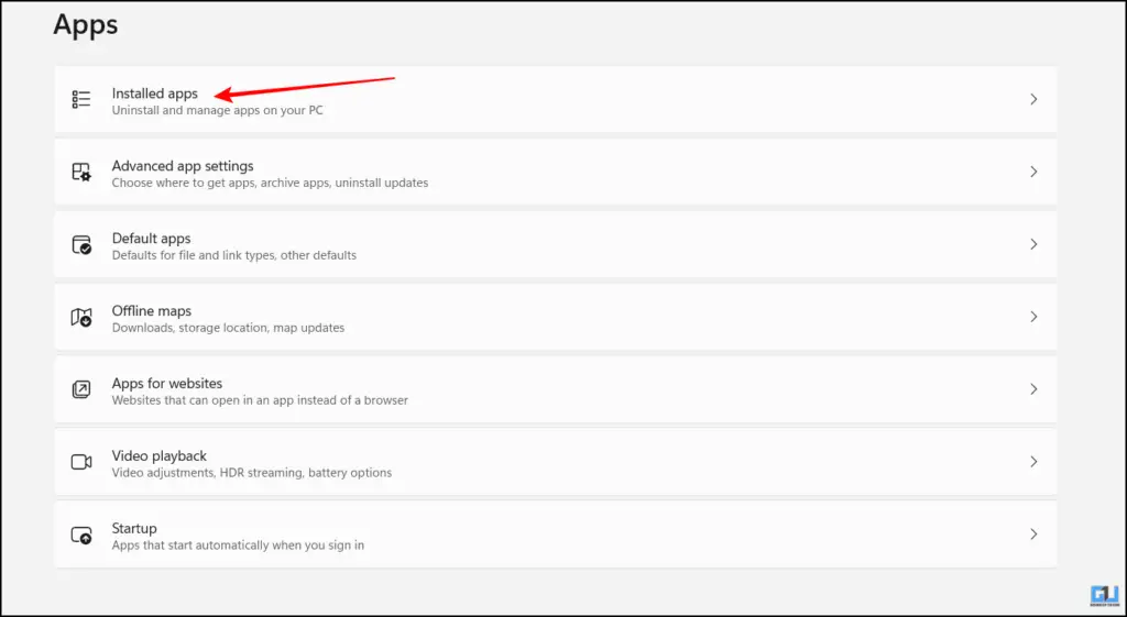 Installed Apps option under Apps