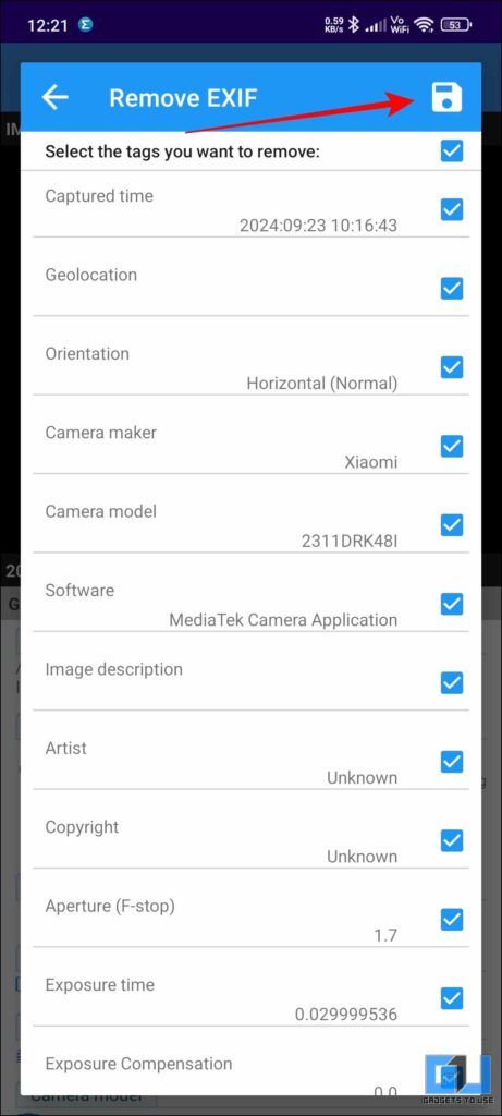 Opção de armazenamento no aplicativo EXIF