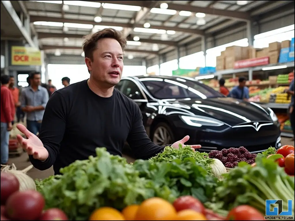 Elon musk selling Tesla in vegetable market in India