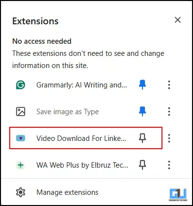 Opções de pin de extensão do Chrome