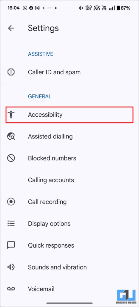 Accesibility Option google Dialer