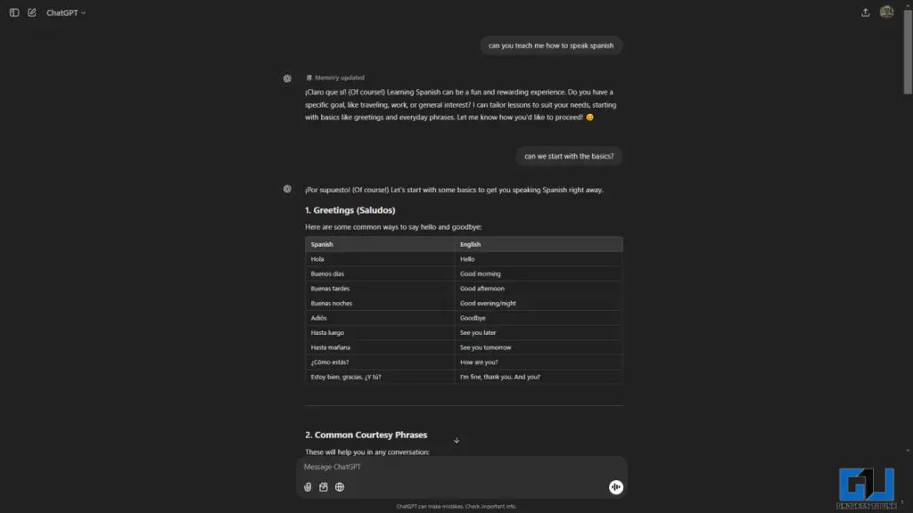Learning Spanish using ChatGPT