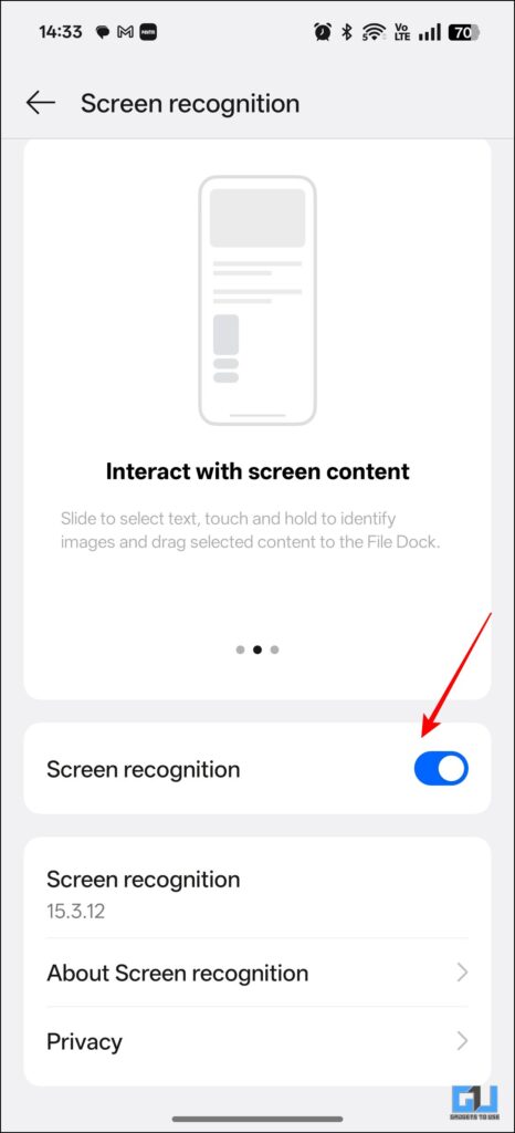 Screen Recognization Toggle On