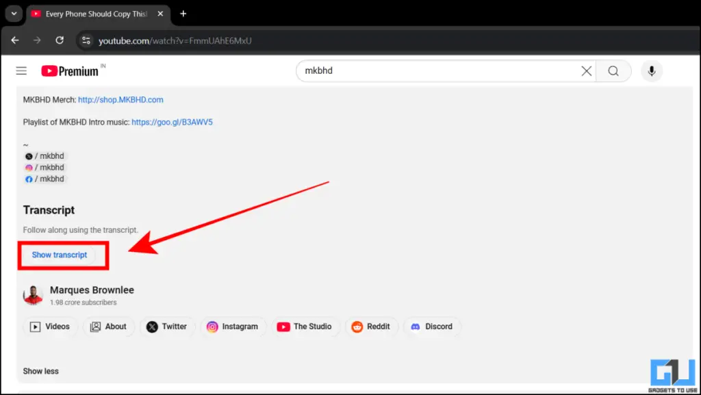 Show Transcript in YouTube video