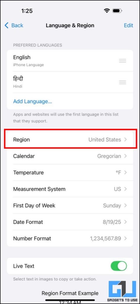 change region in iphone