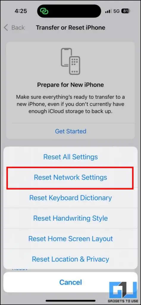 reset network settings in iphone