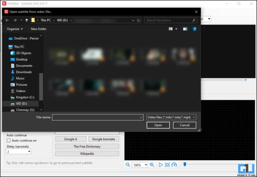 select video file for subtitle edit