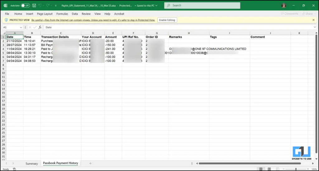 Paytm history in Excel sheet