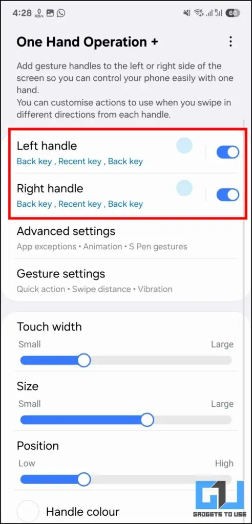 left handle and right handle gestures in one hand operation+ app samsung