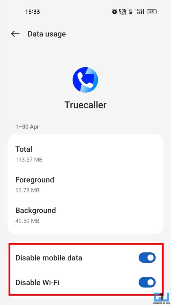 Disable TrueCaller data usage
