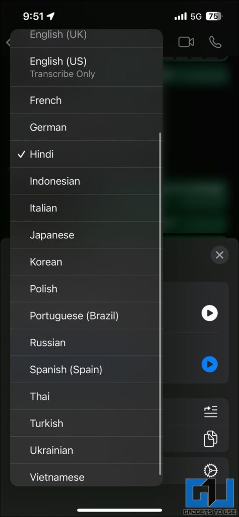 select translation language in whatsapp on iphone