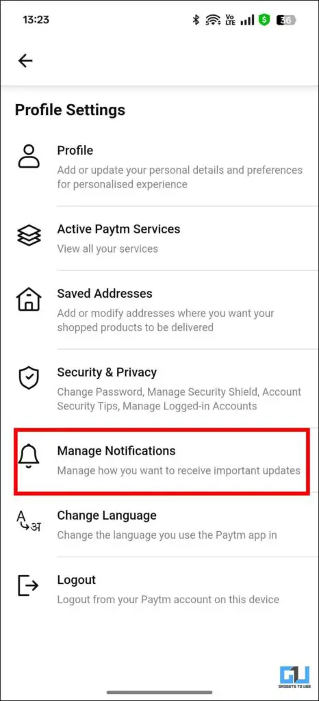 Manage Notifications for Paytm