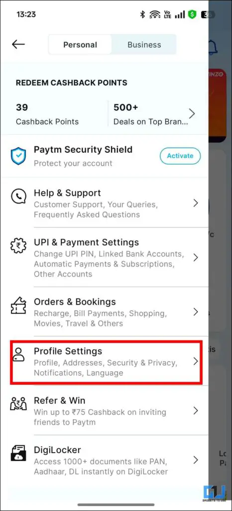 Profile Setting Paytm