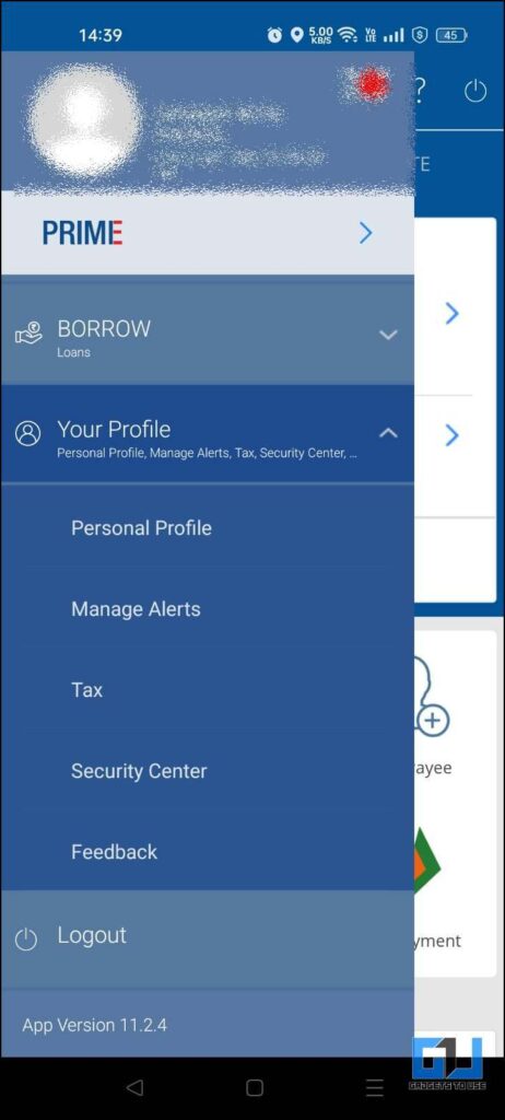 Profile section HDFC app