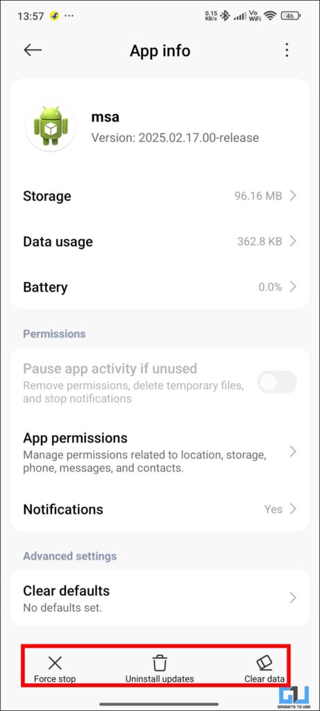 Settings in application information